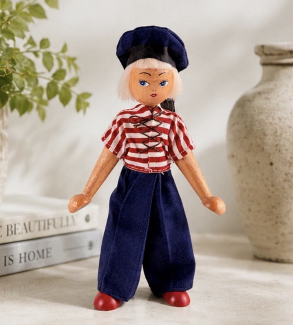 Vintage Polish Wooden Peg Doll Folk Art Hand Painted Made In Poland 7” Toy